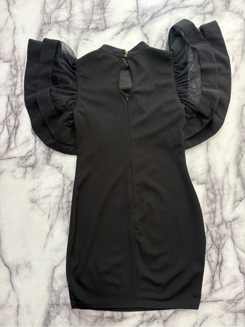 Black Ruffle-Sleeve Mini Dress with Sheer Shoulder Panels - Picture 3 of 4
